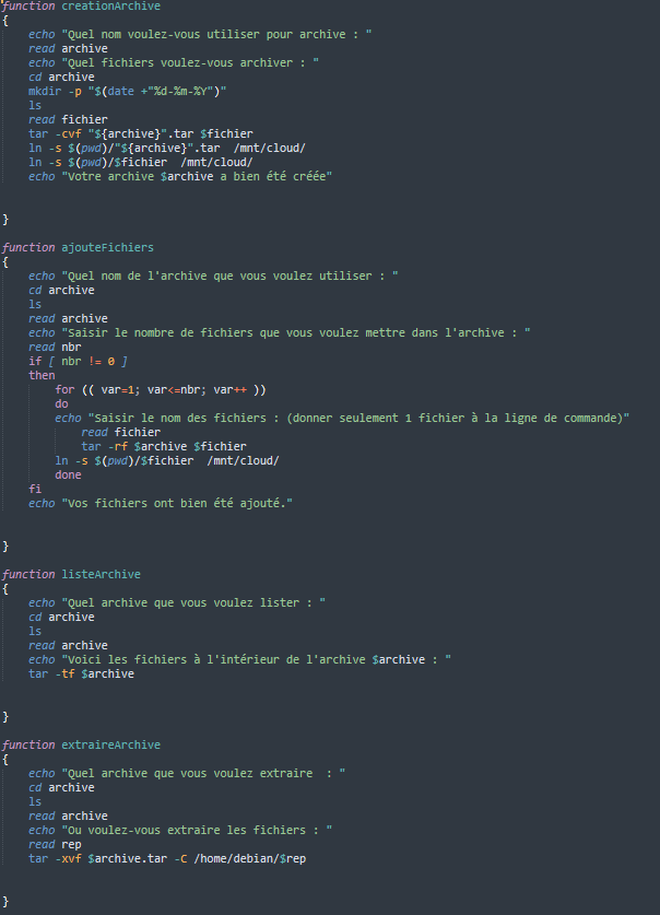 Menu Shell proposant les actions : archiver, sauvegarder, monter/démonter, créer des liens