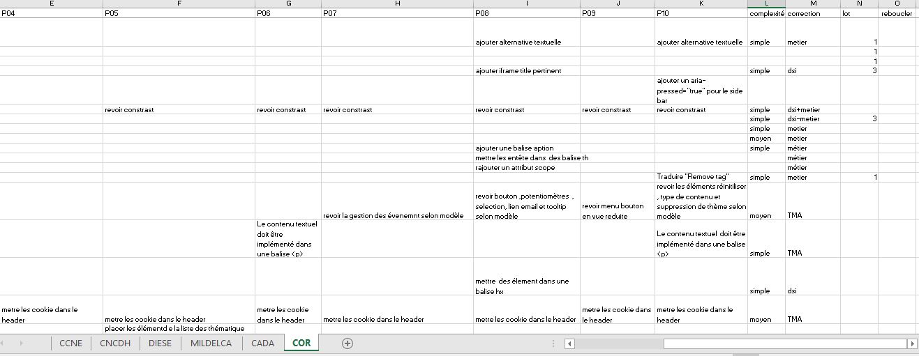 Capture d’écran d’un tableau de suivi des analyses de sites (colonnes : critères, statut, responsable)