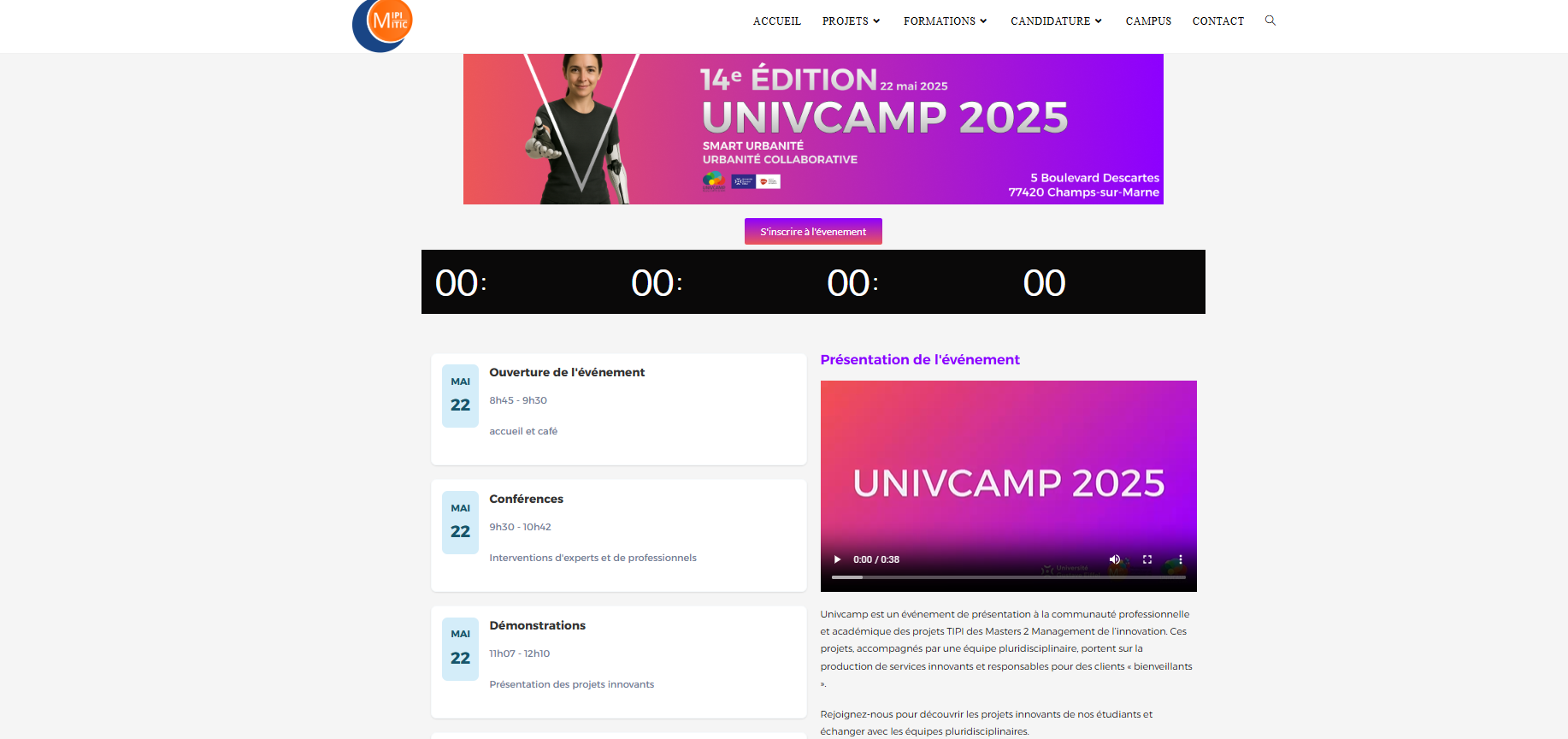 Capture d’écran du site Univcamp mis à jour
